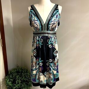 I.C.E Blue and Black Plunge V Neck back satin paisley Sleeveless Dress belted 10